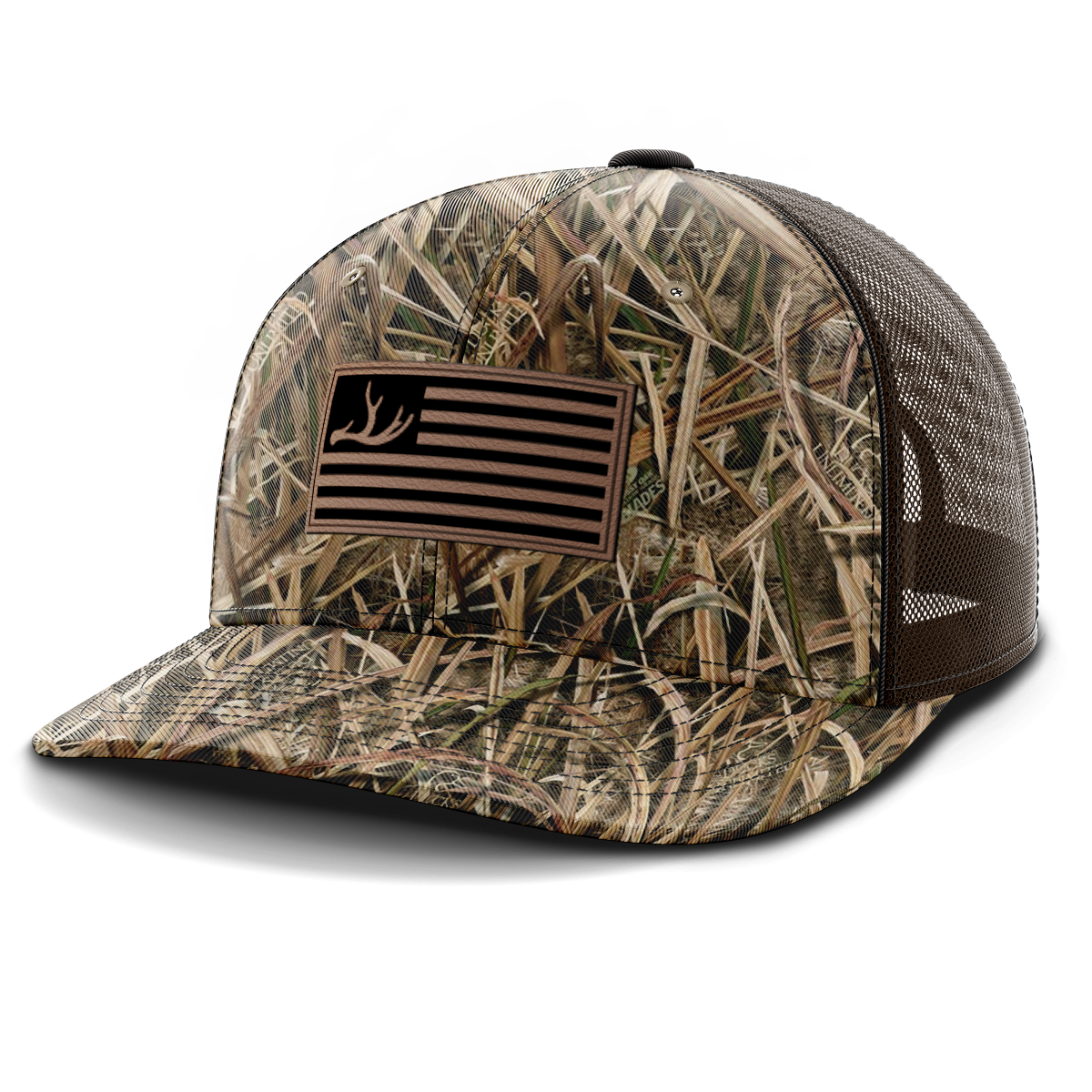 Leather Patch Trucker Hat, Deer & Shed Hunting, Flag & Antlers