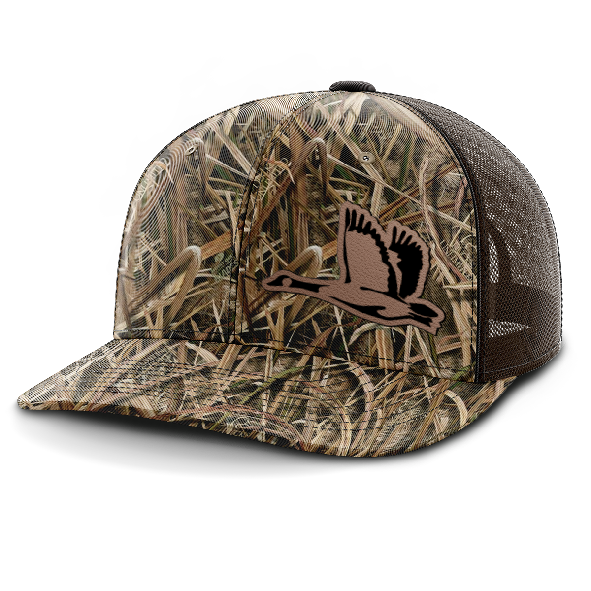 Geese Hunting (left patch), Leather Patch Trucker Hat